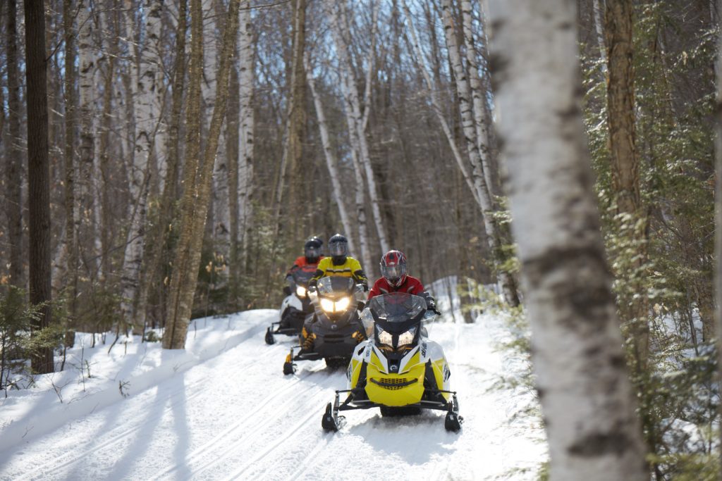 Three people on snowmobiles on a snowy wooded trail.