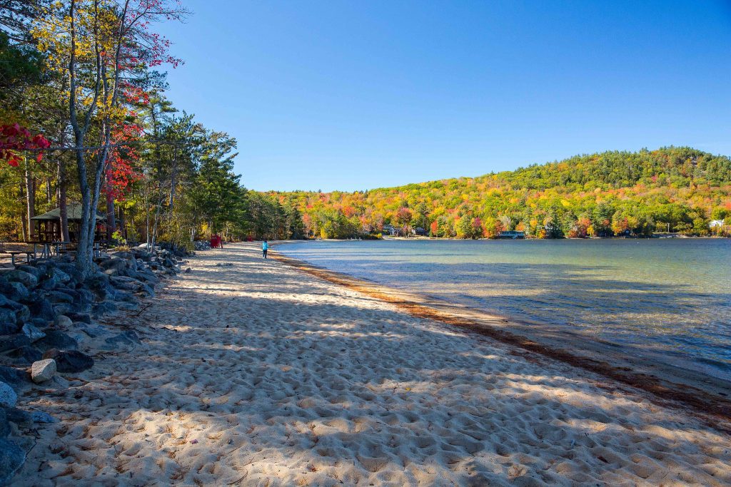 A beach with soft brown sand leading to a calm green lake, surrounded by fall foliage trees of red, orange, and yellow.