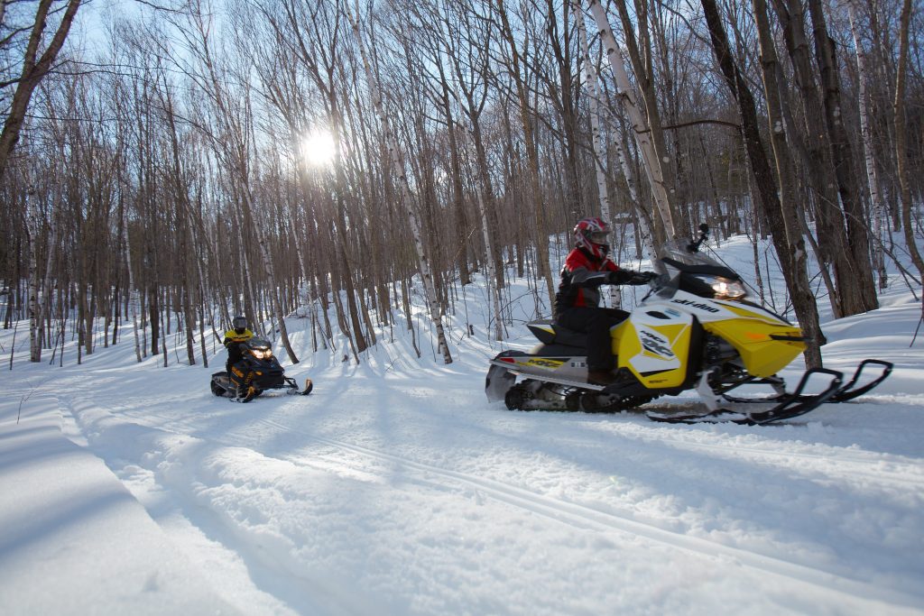 Two snowmobilers driving through a snowy path in the woods.