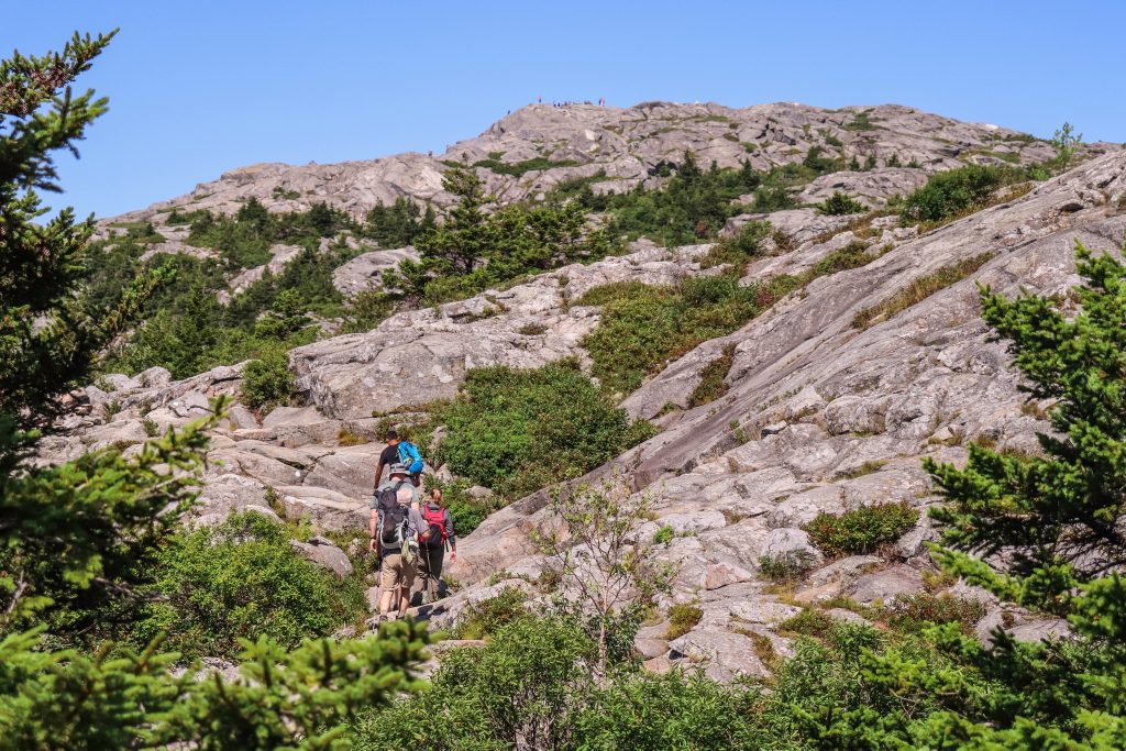 Three hikers with backpacks hiking up a gray Rocky Mountain. You can see tiny hikers at the top.