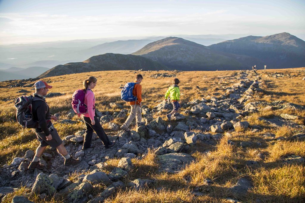 A family with two adults and two kids hiking down a path in the sunshine, mountains in every direction.