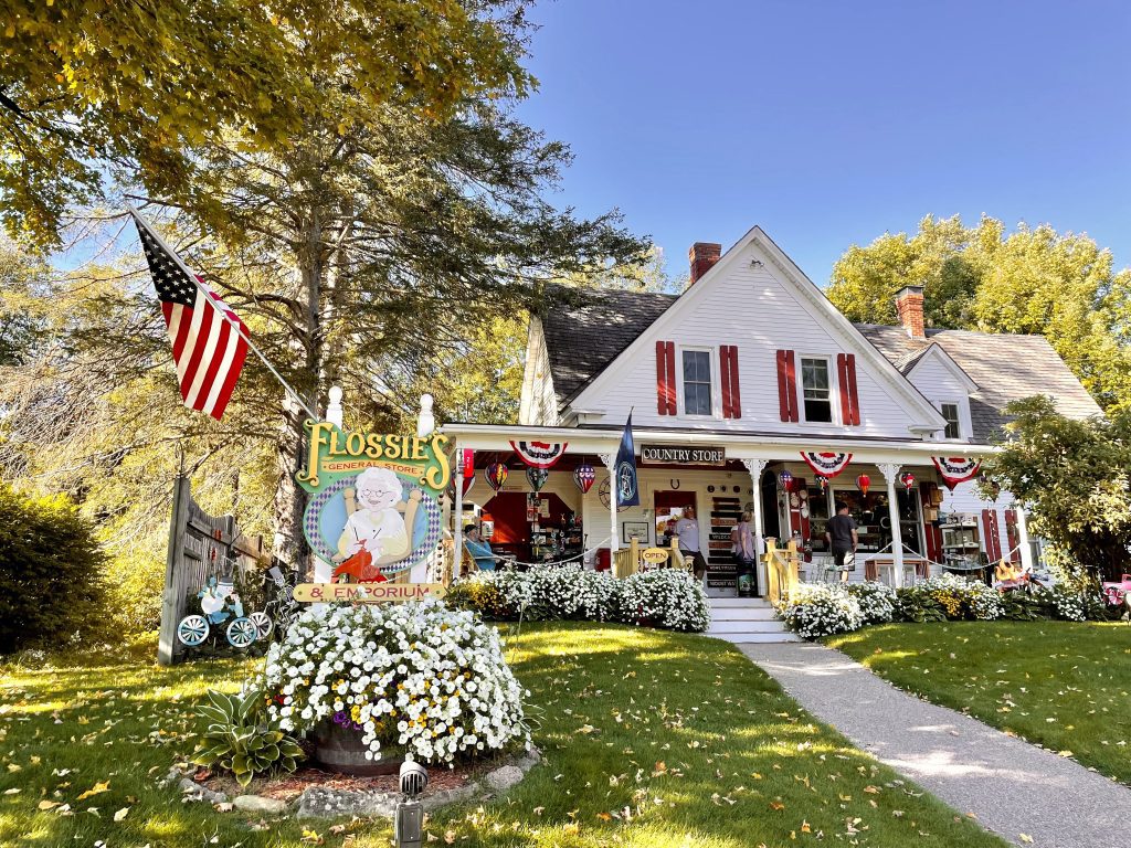 A country home with a wraparound porch and a sign reading Flossie's General Store & Emporium with a cartoon of an old lady knitting.