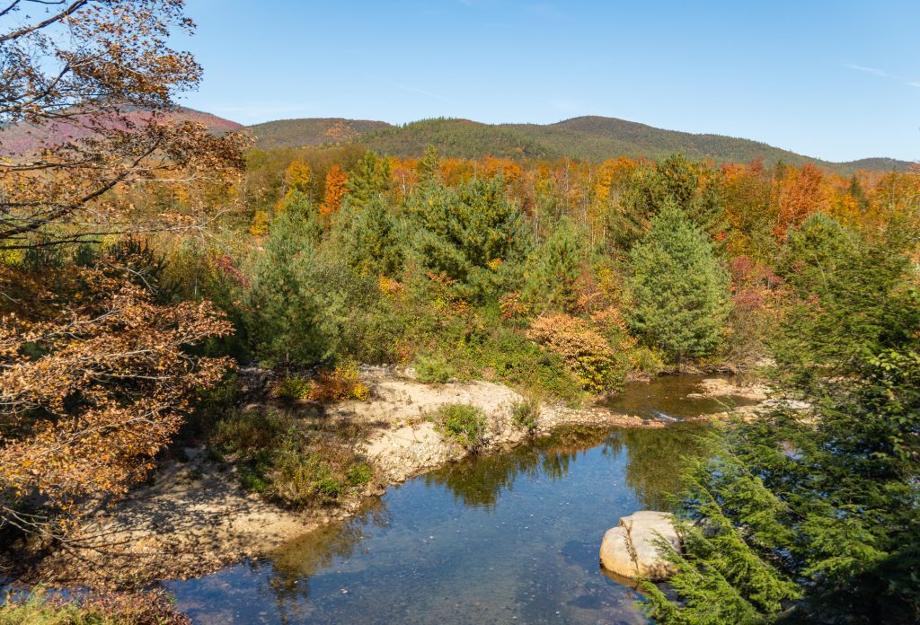 A still lake surrounded by colorful fall trees.