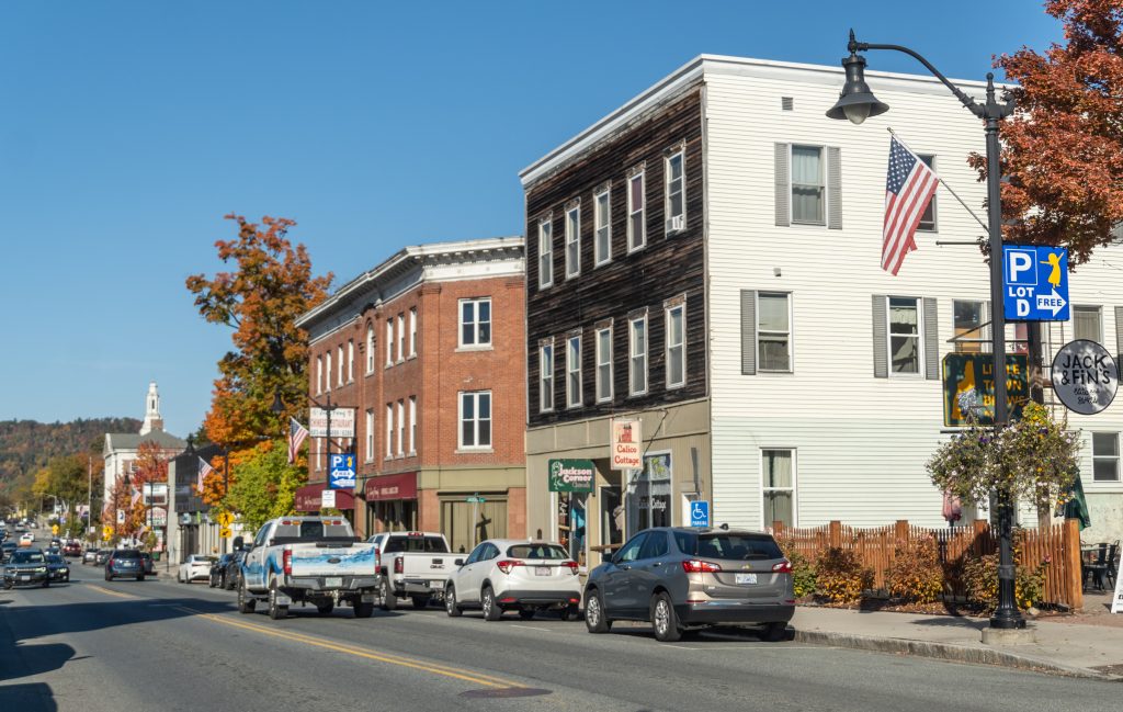 A row of cute brick buildings in a New England downtown.